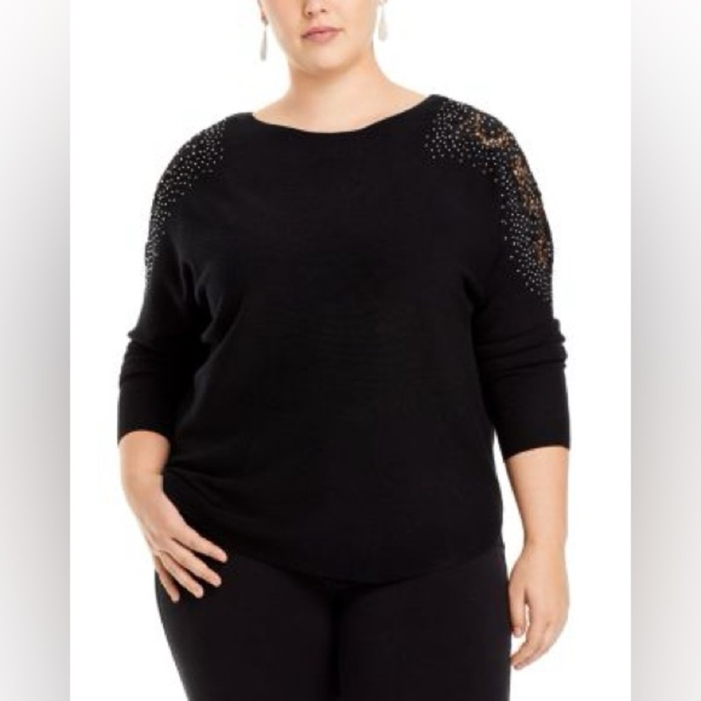 Tahari Sioni Embellished Shoulder Dolman Sleeve Boatneck Sweater
